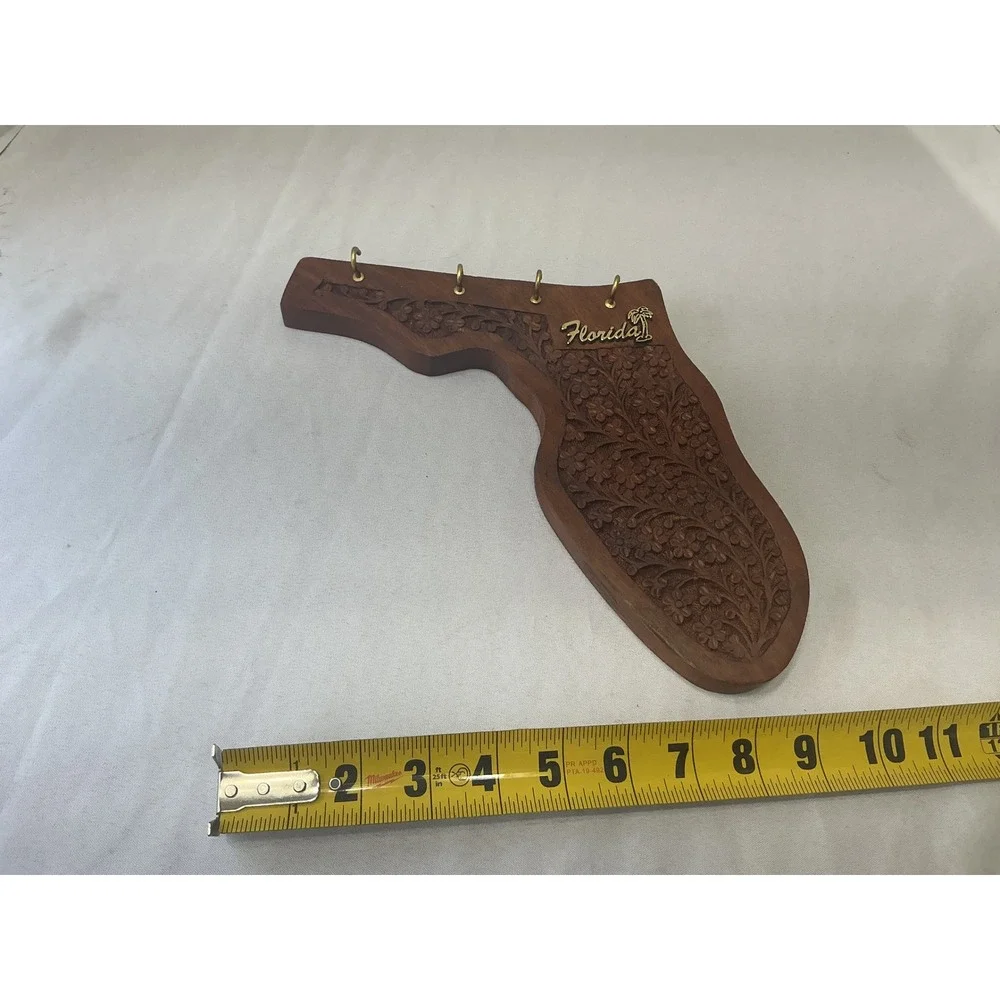 Vintage FL State Shaped Hand Carved Wood Key Holder Wall Decor 4 Hooks India